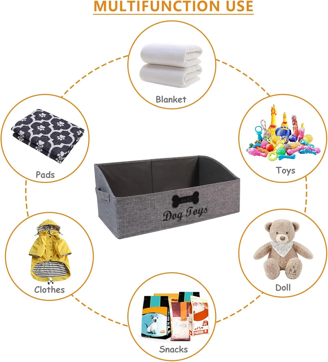 Large Dog Toy Basket Collapsible Dog Toy Box Fabric Trapezoid Dog Toy Bin Storage for organizing pet Toys/Blankets/leashes/Rope Toys/Clothing-Can be Personalized-Gray