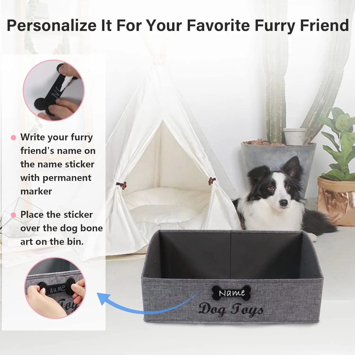 Large Dog Toy Basket Collapsible Dog Toy Box Fabric Trapezoid Dog Toy Bin Storage for organizing pet Toys/Blankets/leashes/Rope Toys/Clothing-Can be Personalized-Gray