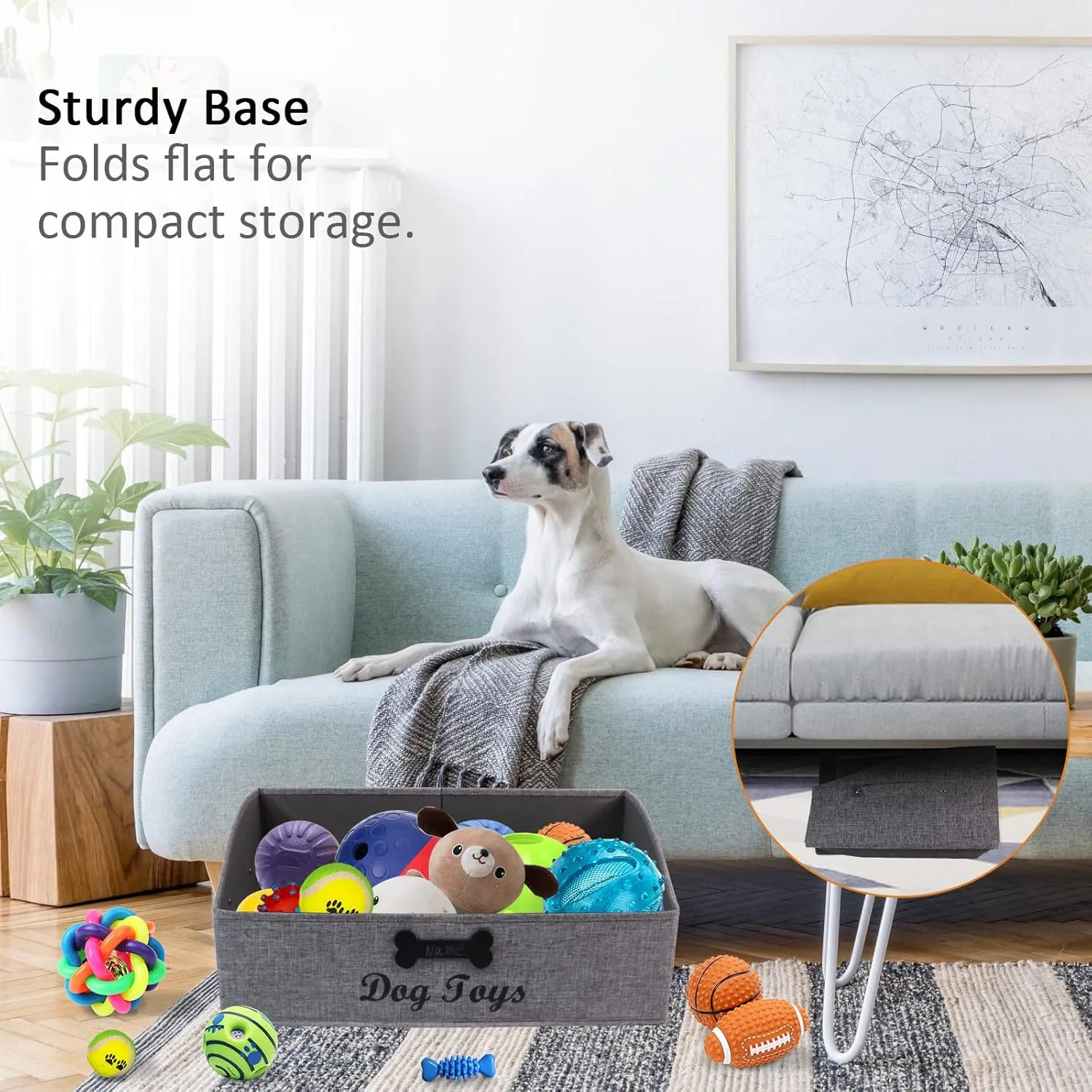 Large Dog Toy Basket Collapsible Dog Toy Box Fabric Trapezoid Dog Toy Bin Storage for organizing pet Toys/Blankets/leashes/Rope Toys/Clothing-Can be Personalized-Gray