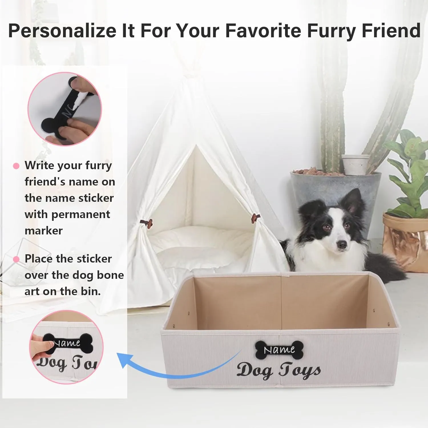 Large Dog Toy Basket Collapsible Dog Toy Box Fabric Trapezoid Dog Toy Bin Storage for organizing pet Toys/Blankets/leashes/Rope Toys/Clothing-Can be Personalized-Slub Beige