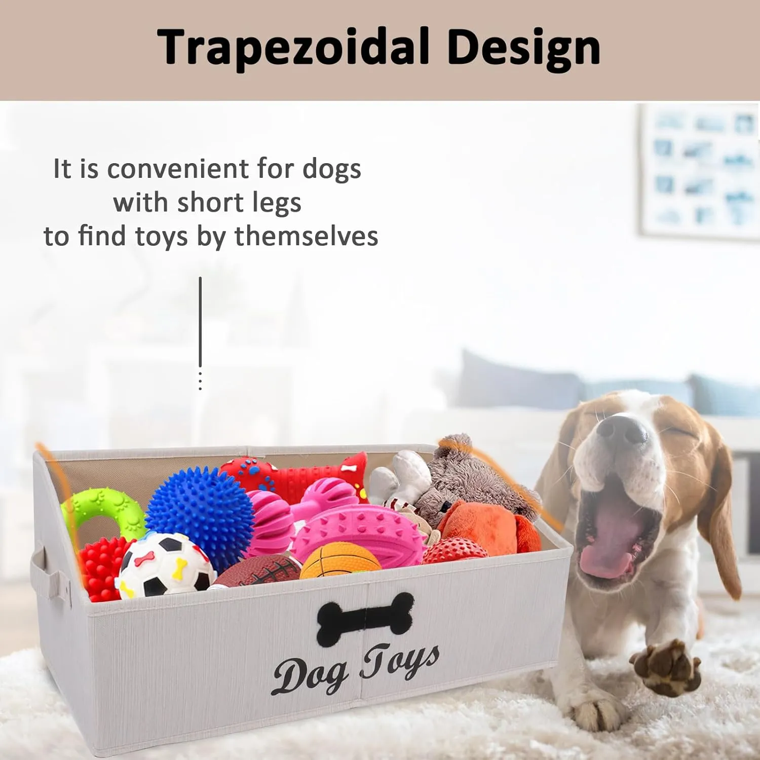 Large Dog Toy Basket Collapsible Dog Toy Box Fabric Trapezoid Dog Toy Bin Storage for organizing pet Toys/Blankets/leashes/Rope Toys/Clothing-Can be Personalized-Slub Beige