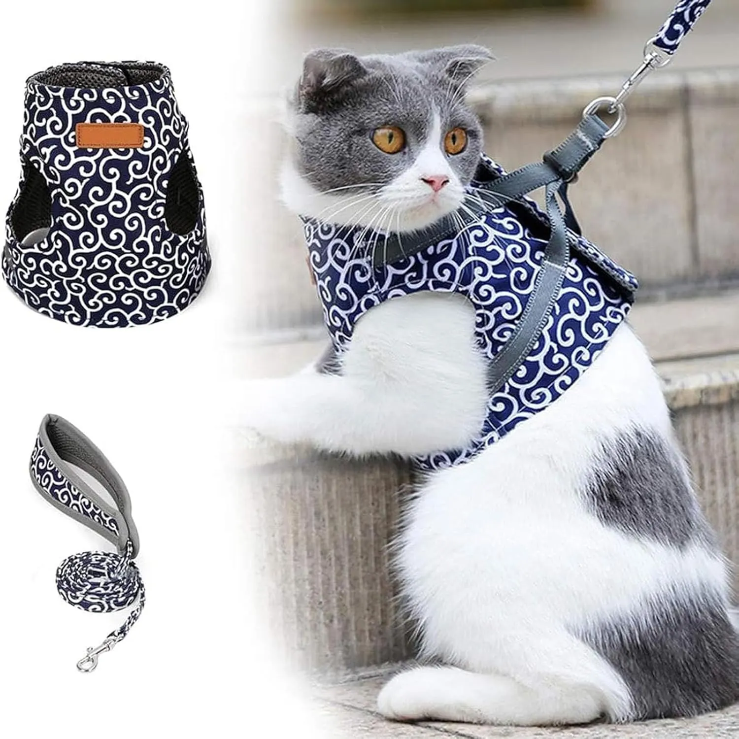 Niowatchted Cat Vest Harness and Leash Anti-Break Away Chest Strap Cat Clothes Set for Walking, Escape Proof Soft Adjustable Breathable Vest Harness with Handle (Blue, Medium)