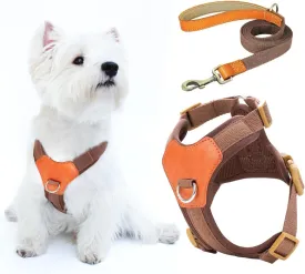 No-Pull No-Choke Dog Harness and Leash Set - Adjustable Soft Padded Vest, Lightweight Retro Design for Small Medium Dogs and Puppies, Easy Control and Comfortable Walk (Brown, M)