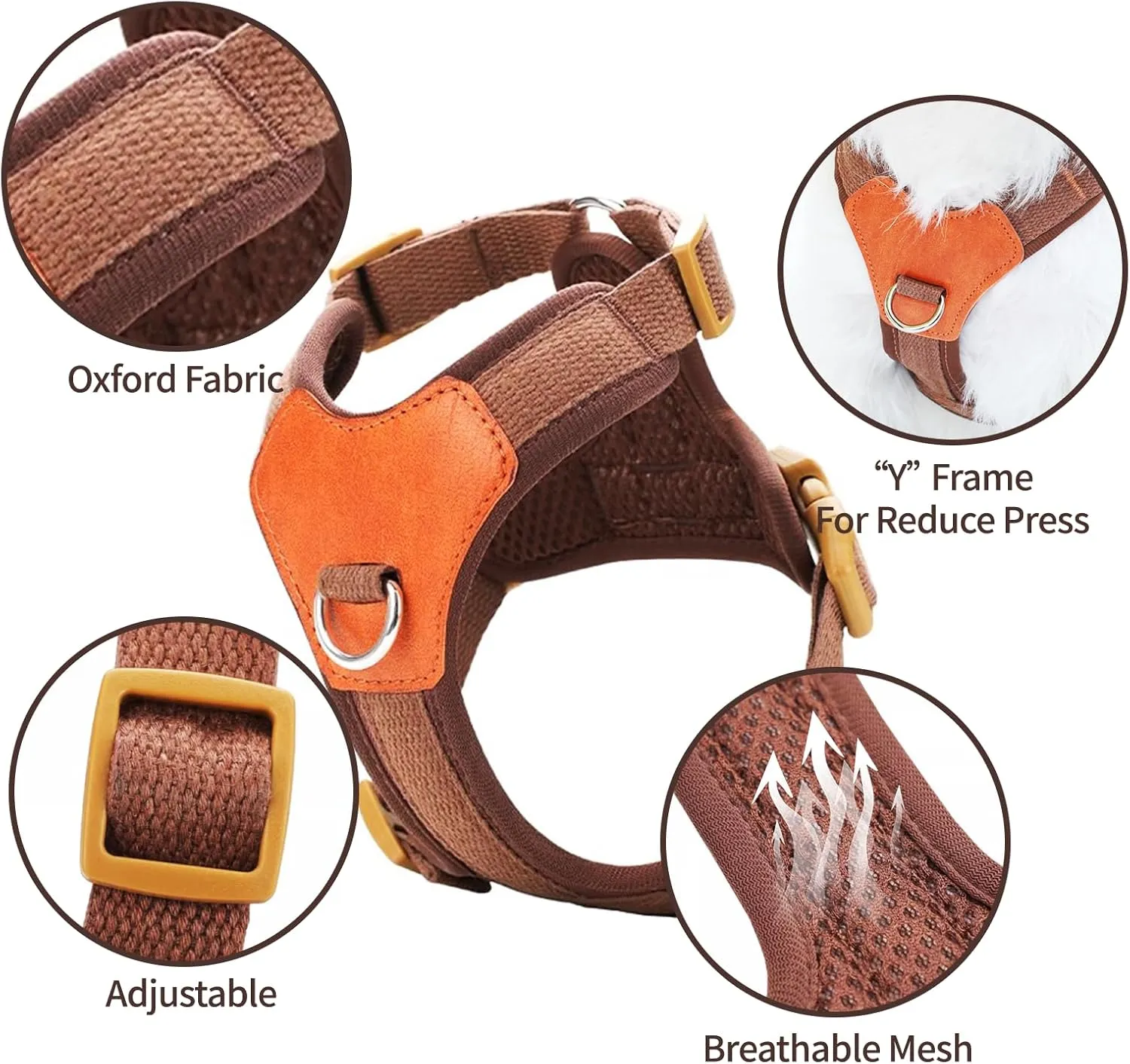 No-Pull No-Choke Dog Harness and Leash Set - Adjustable Soft Padded Vest, Lightweight Retro Design for Small Medium Dogs and Puppies, Easy Control and Comfortable Walk (Brown, M)