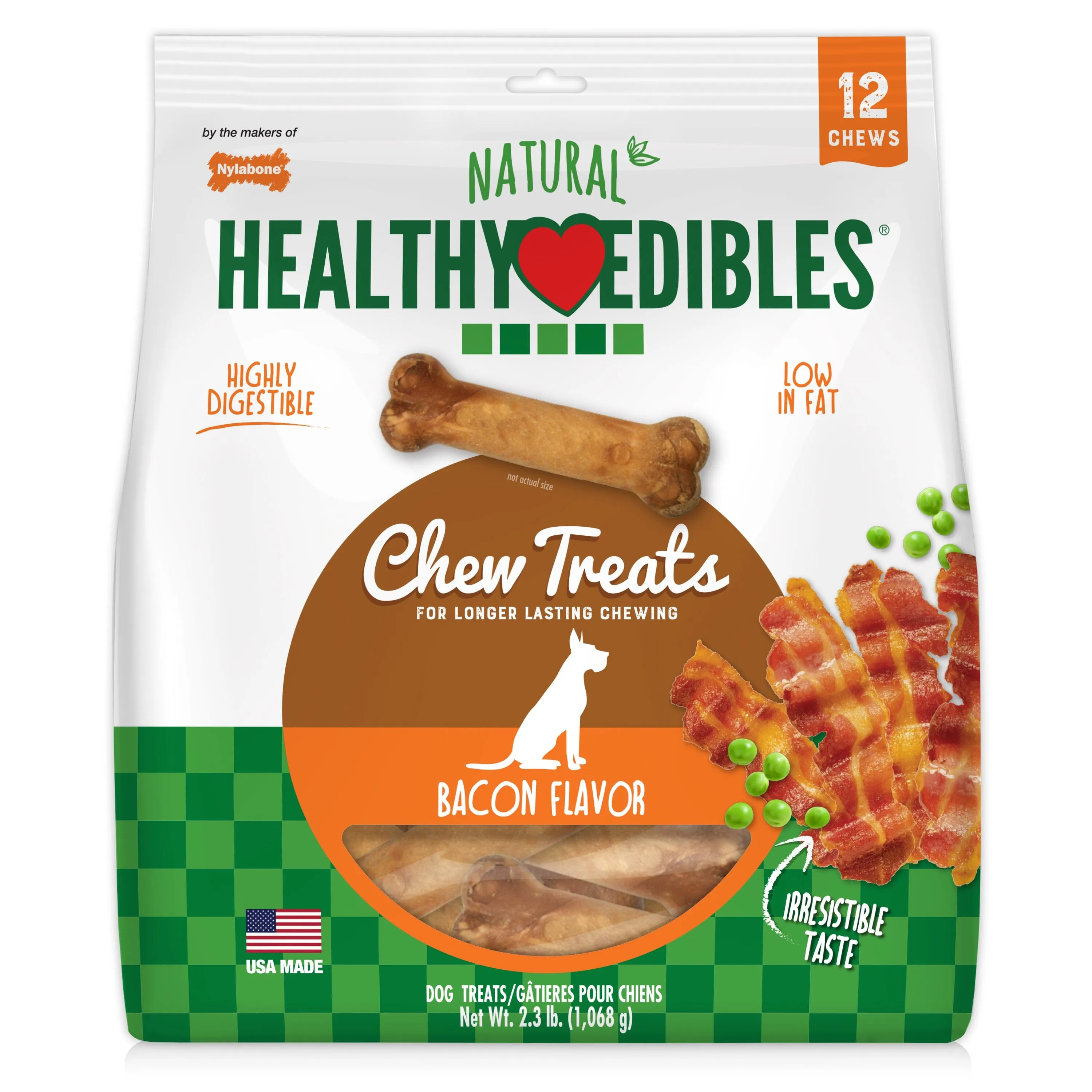 Nylabone Healthy Edibles All-Natural Long Lasting Bacon Flavor Chew Treats 12 Count - Medium/Wolf