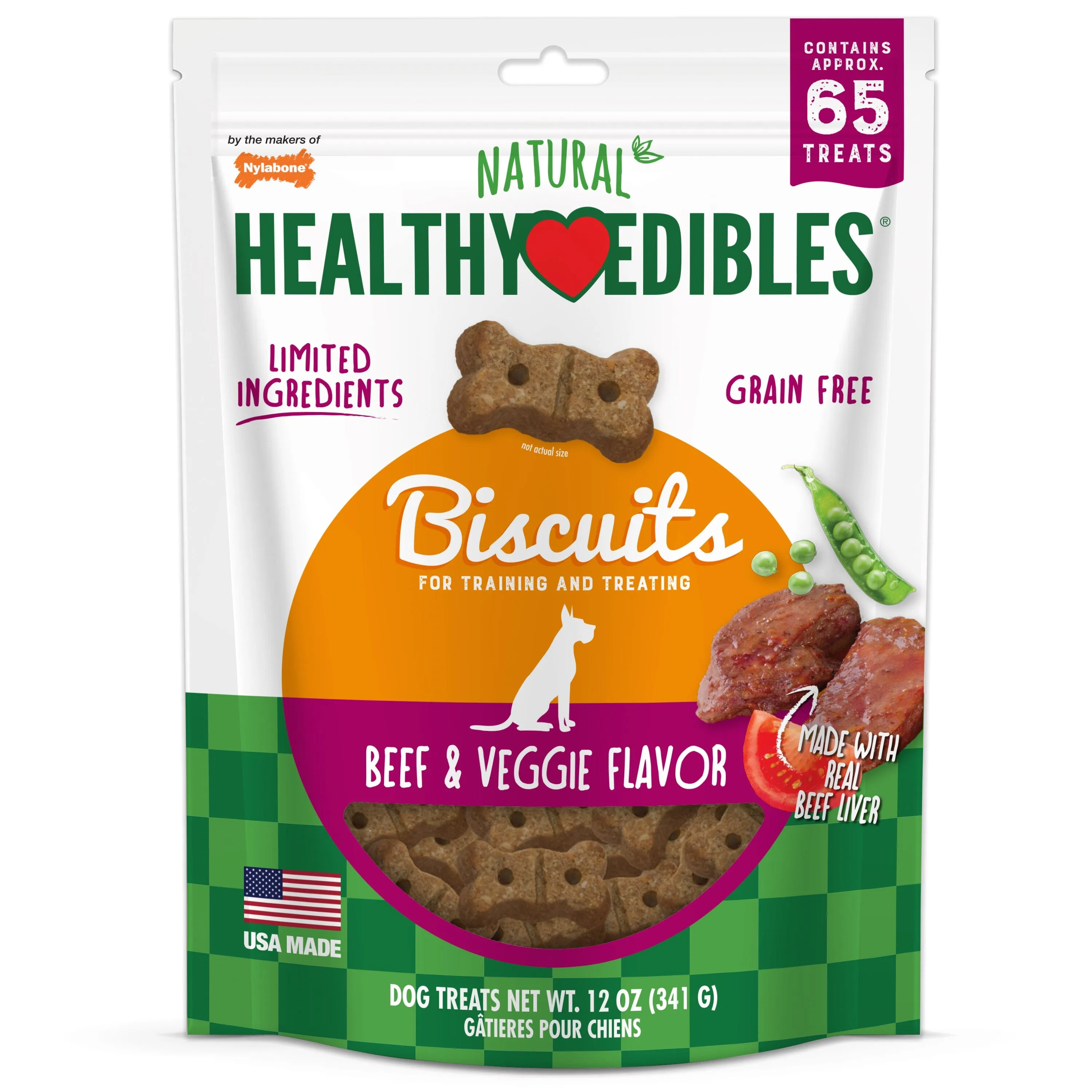 Nylabone Healthy Edibles Biscuits Grain Free Dog Treats Beef & Veggie - 12 Oz