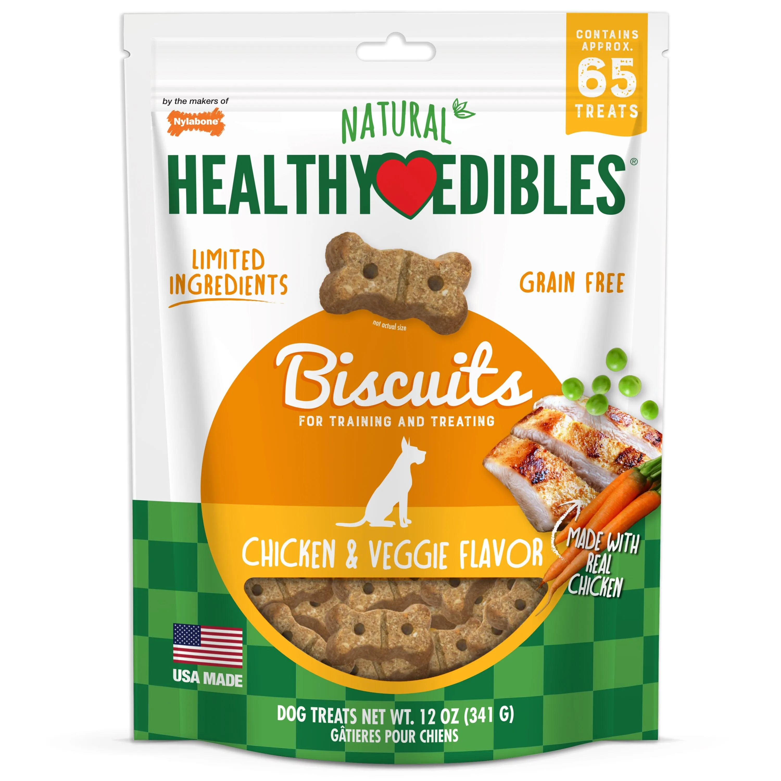 Nylabone Healthy Edibles Biscuits Grain Free Dog Treats Chicken & Veggie - 12 Oz