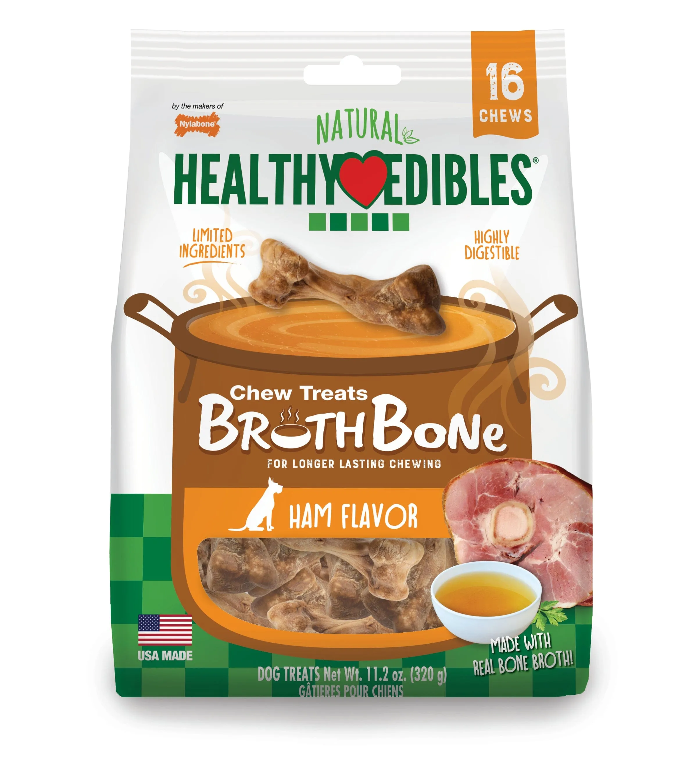 Nylabone Healthy Edibles Broth Bone All Natural Dog Treats Made With Real Bone Broth - Regular - Up To 25 Ibs. - 16 Count