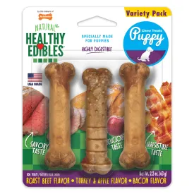 Nylabone Healthy Edibles Puppy Natural Long Lasting Dog Chew Treats Roast Beef, Turkey & Apple, & Bacon - Extra Small/Petite - 3 Count
