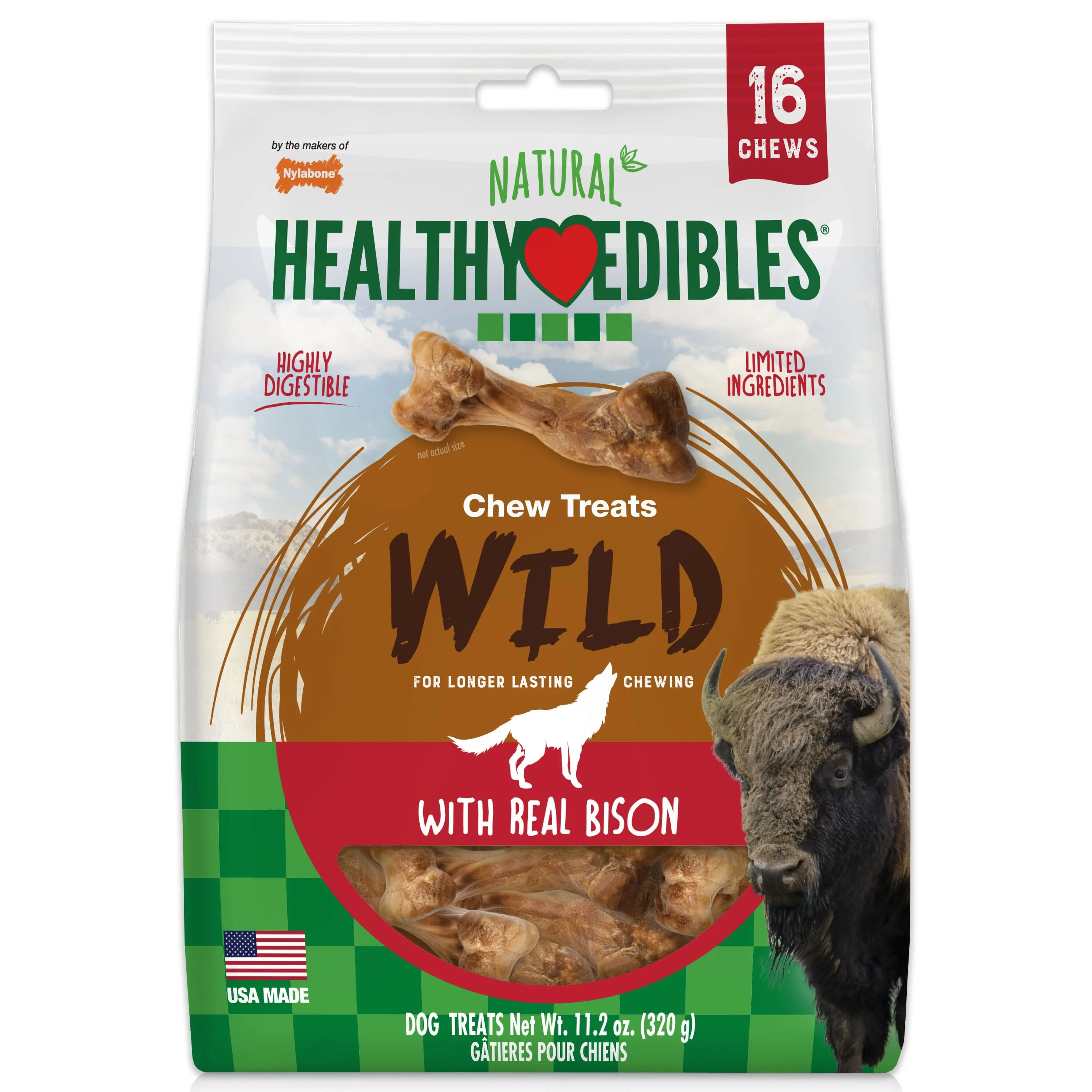 Nylabone Healthy Edibles WILD Natural Long Lasting Bison Flavor Dog Chew Treats Wild Bone - Small/Regular - 16 Count