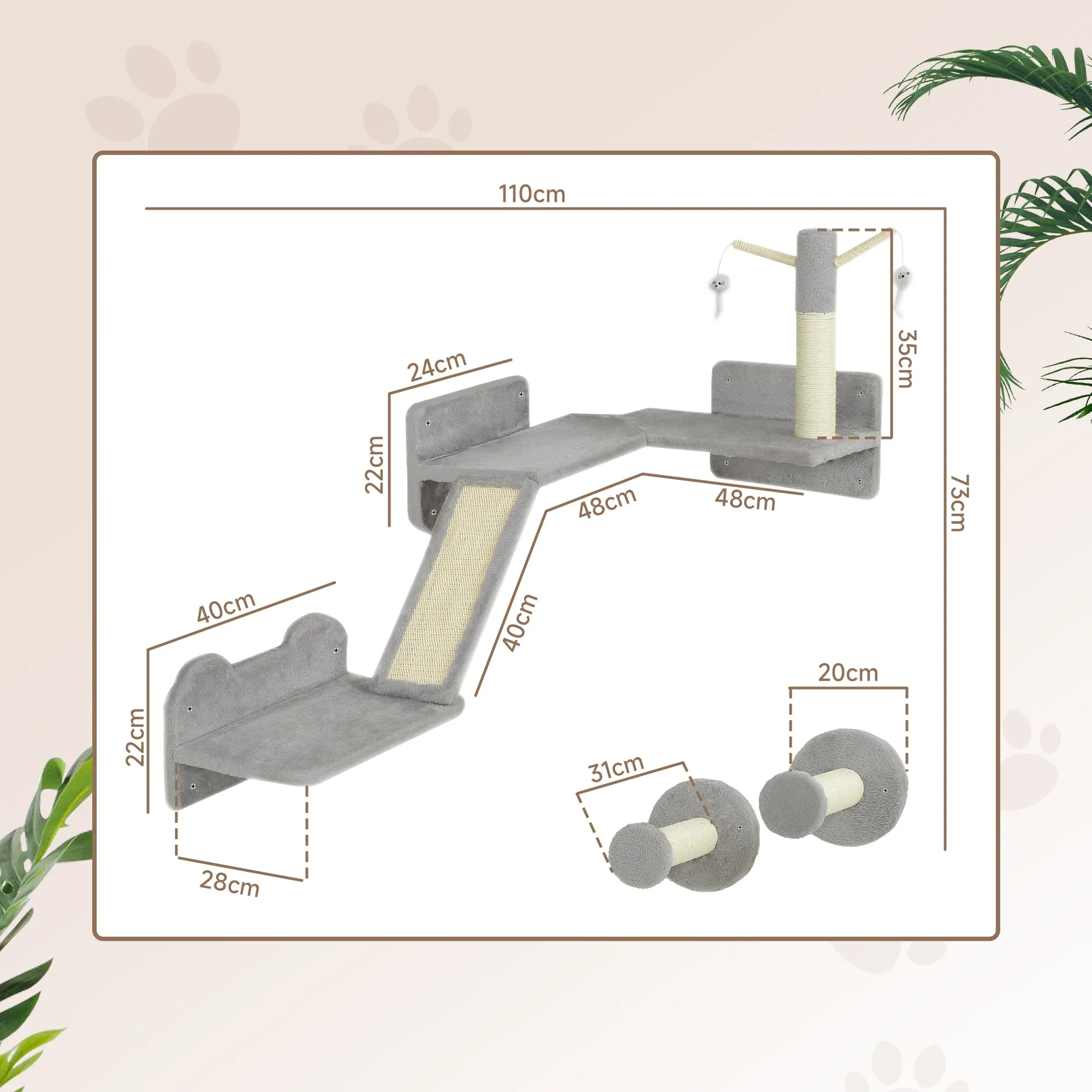 PawHut 3PCs Corner Design Cat Wall Shelves Furniture, Light Grey