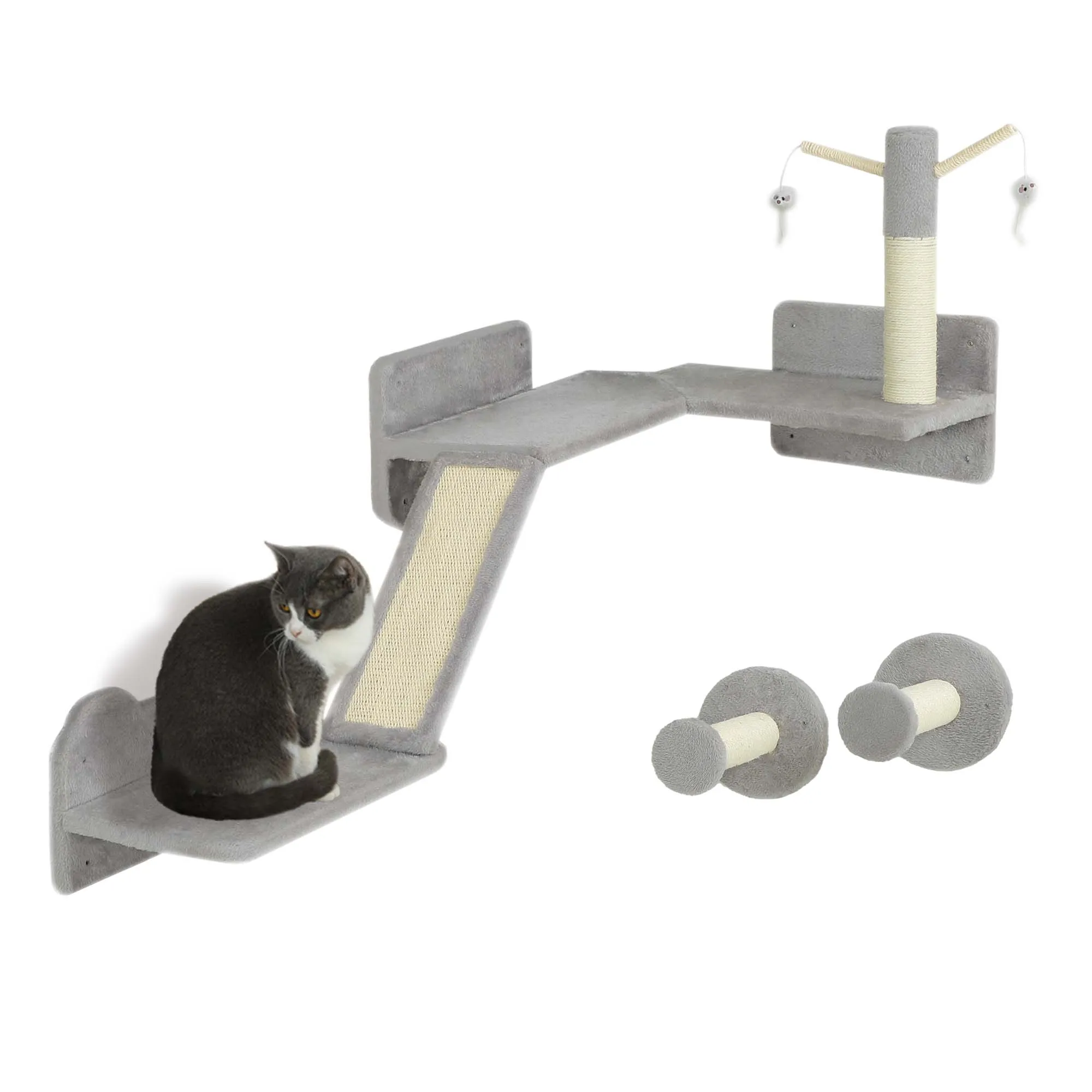 PawHut 3PCs Corner Design Cat Wall Shelves Furniture, Light Grey