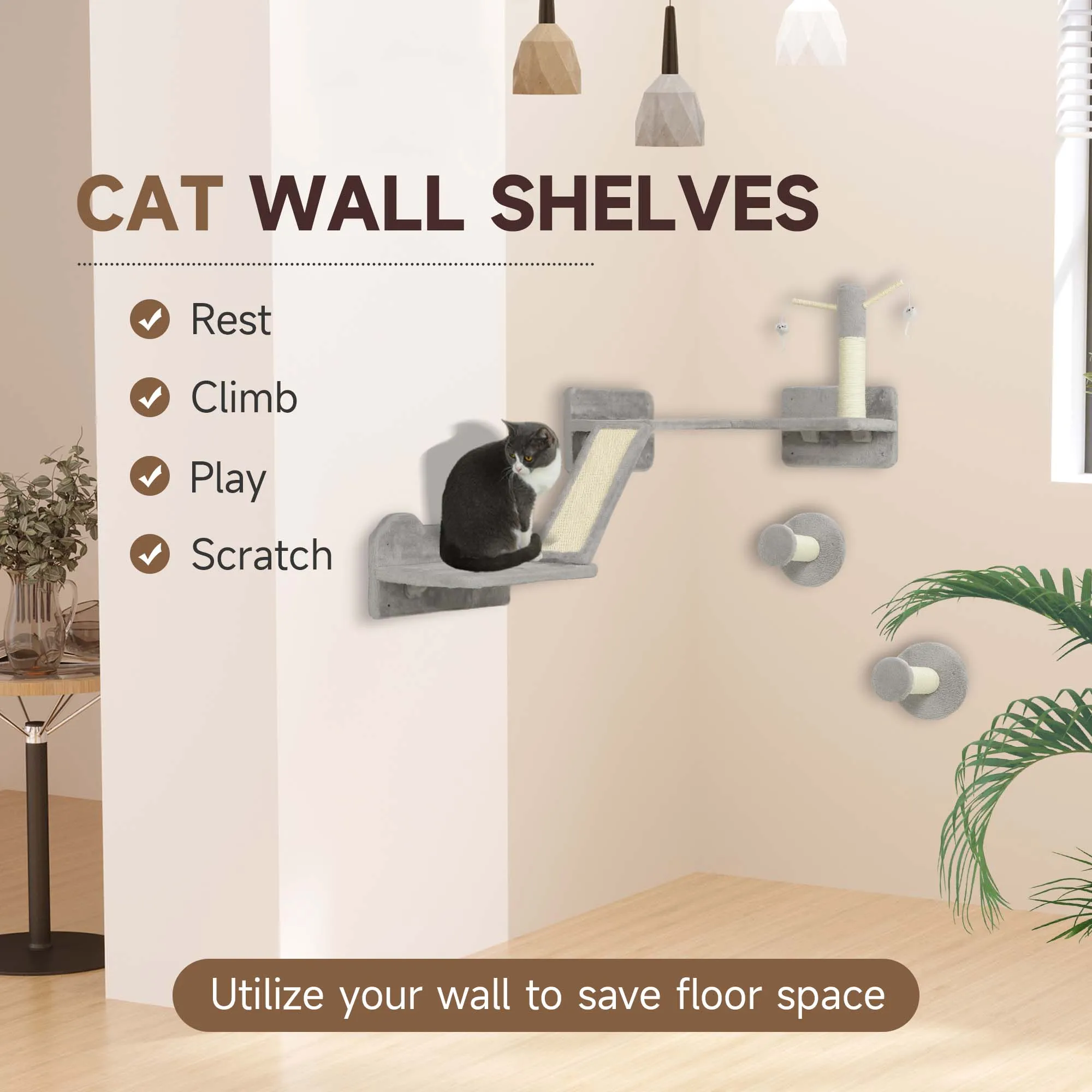 PawHut 3PCs Corner Design Cat Wall Shelves Furniture, Light Grey