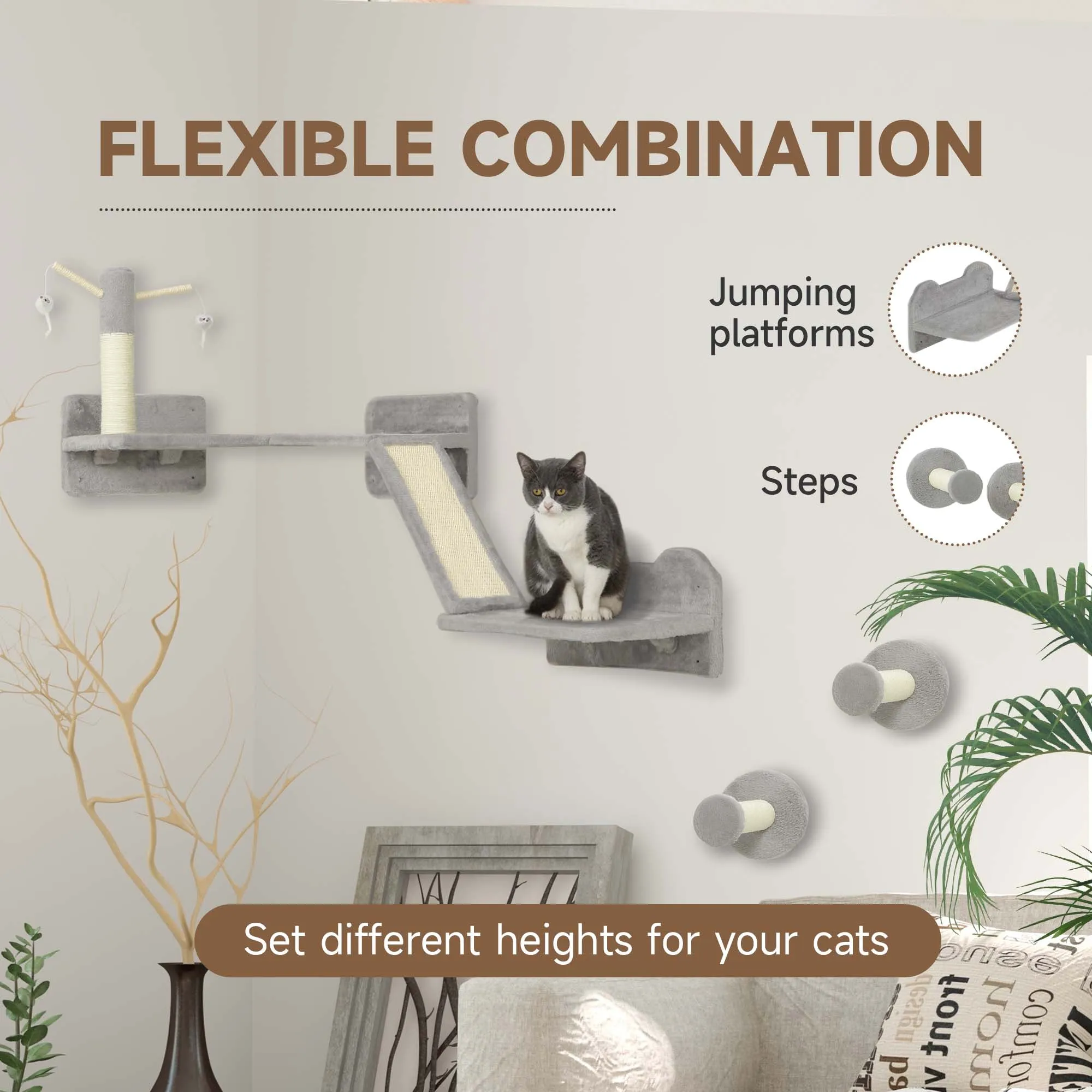 PawHut 3PCs Corner Design Cat Wall Shelves Furniture, Light Grey