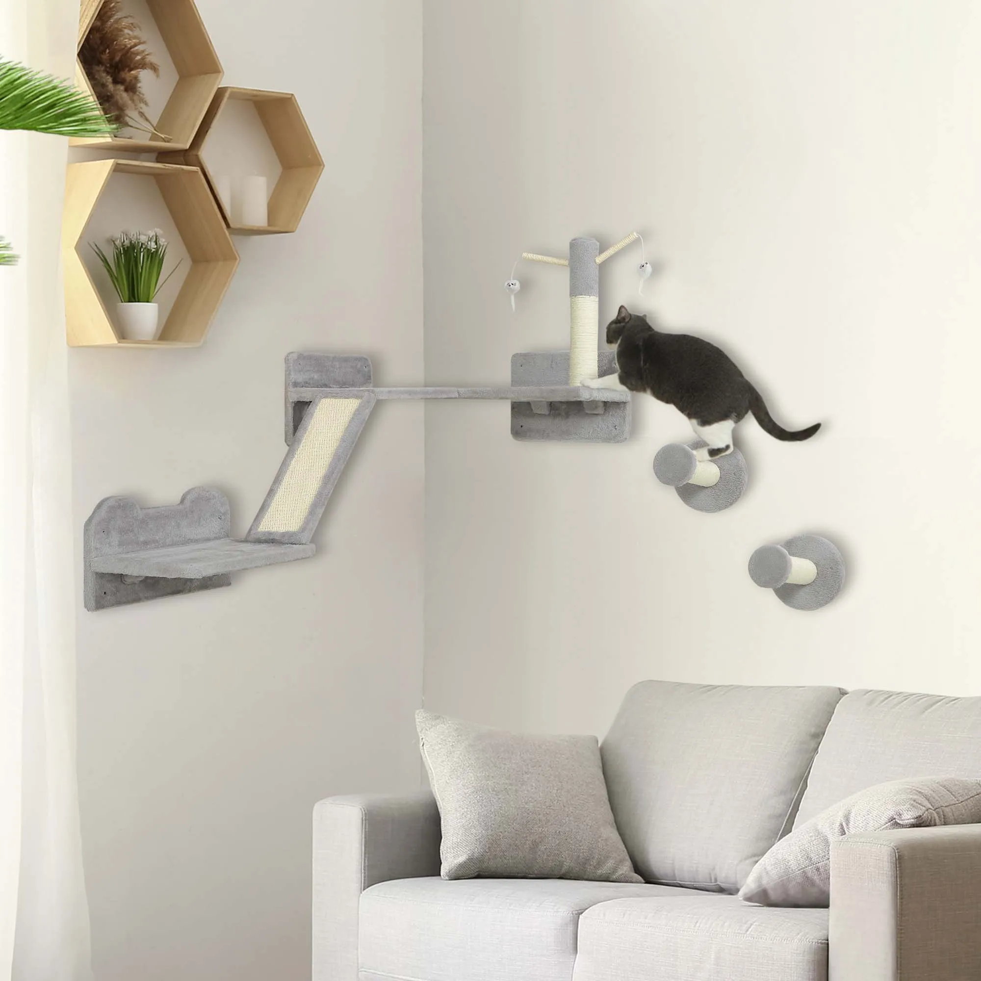 PawHut 3PCs Corner Design Cat Wall Shelves Furniture, Light Grey