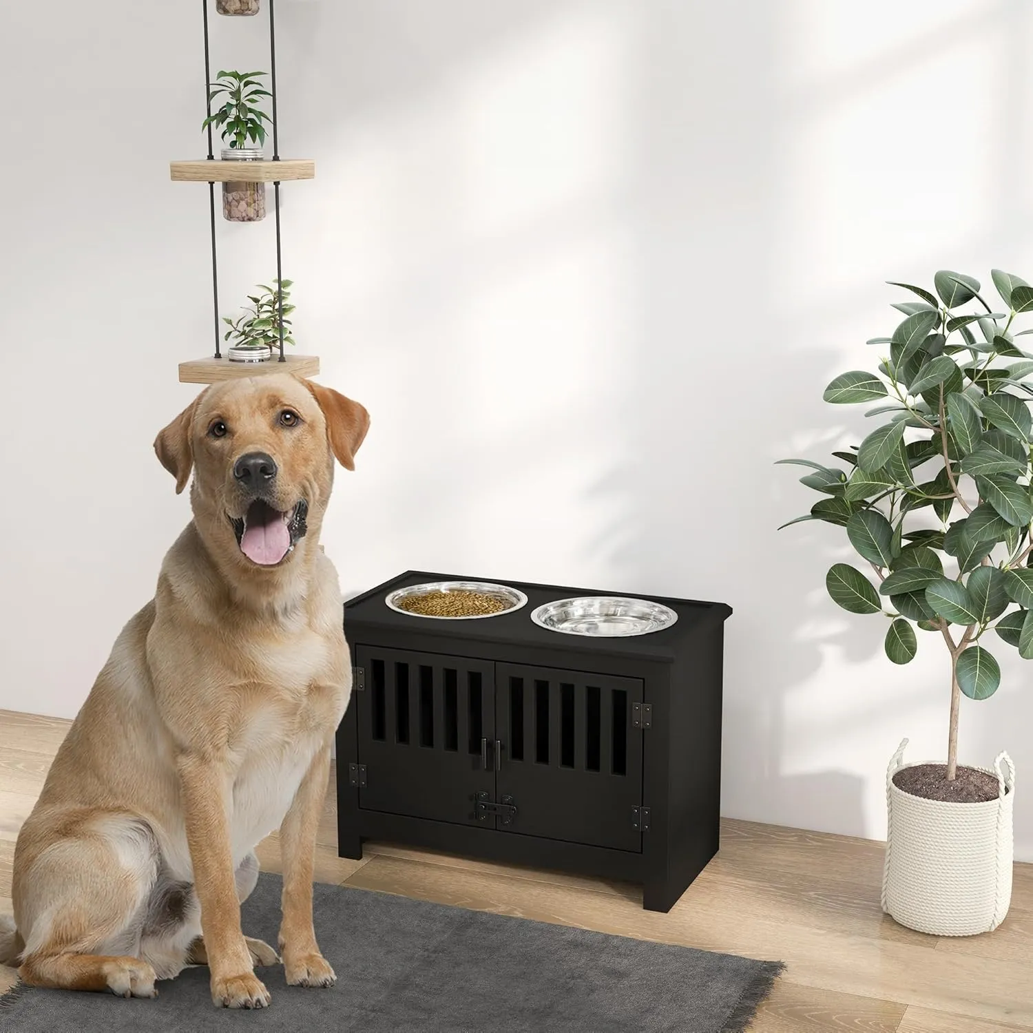 PawHut Large Elevated Dog Bowls with Storage Cabinet - 37L Capacity, Raised Dog Bowl Stand Feeding Station, Black