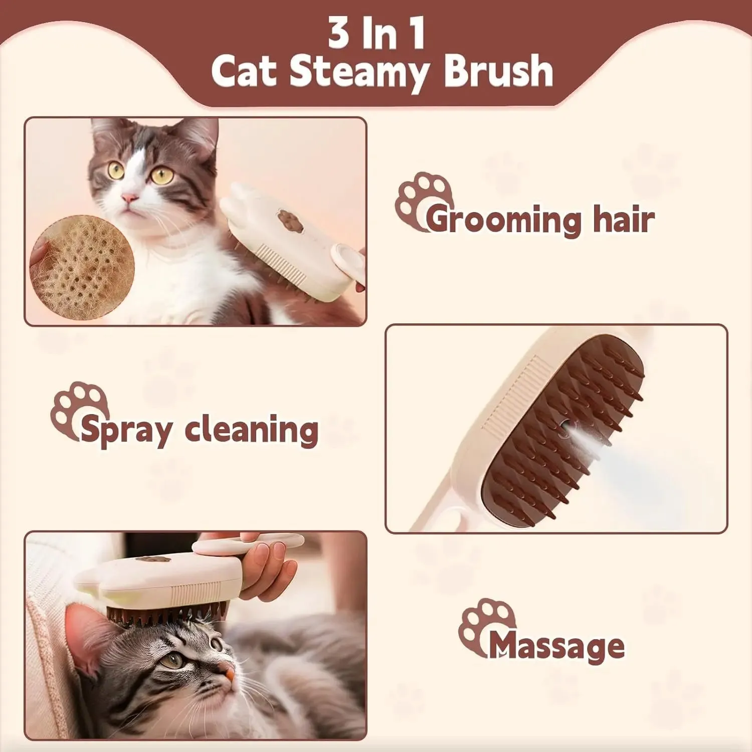 Pet Steam Brush 3 in 1 Shedding Massage And Grooming In One