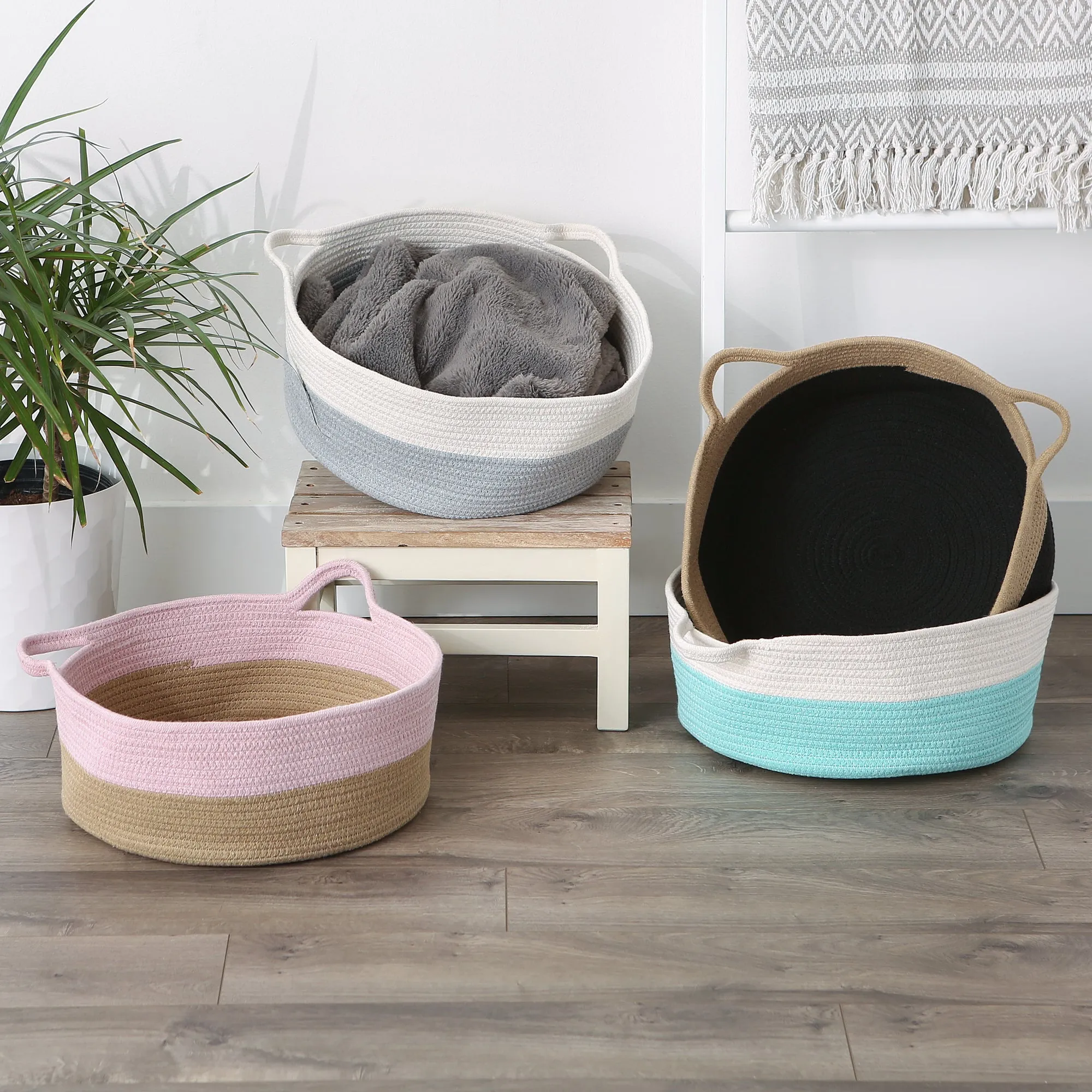 Pet Storage Basket, Woven Cotton - Cat Ears, Beige/Black - 15.75x6.25"