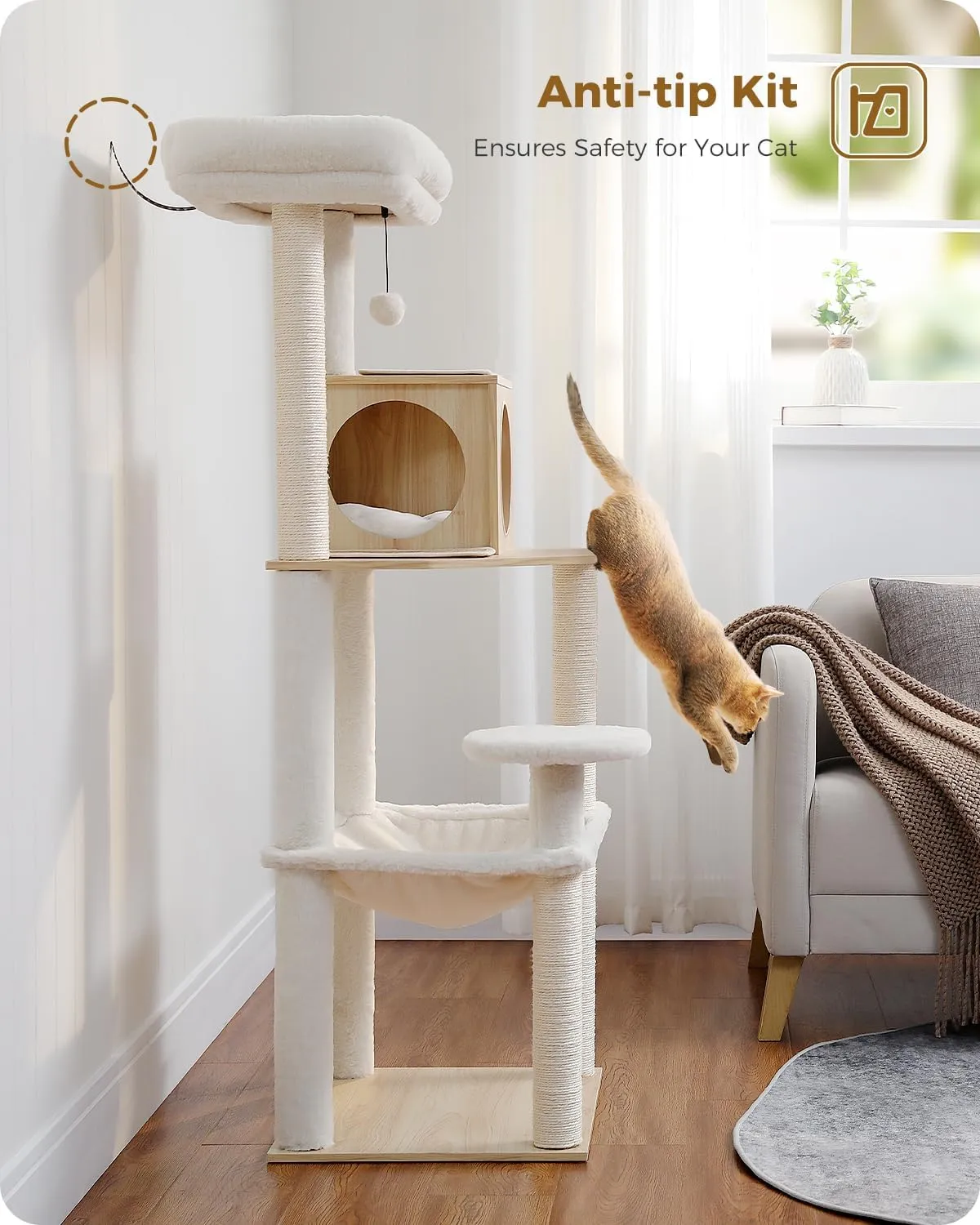 PETEPELA Wood Cat Tree for Indoor Cats Multi-Level Tower with Sisal Covered Scratching Posts, Cozy Condo, Super Large Hammock and Plush Perches Faux Rabbit Milk Fur Beige Rabbit Fur Wood Beige