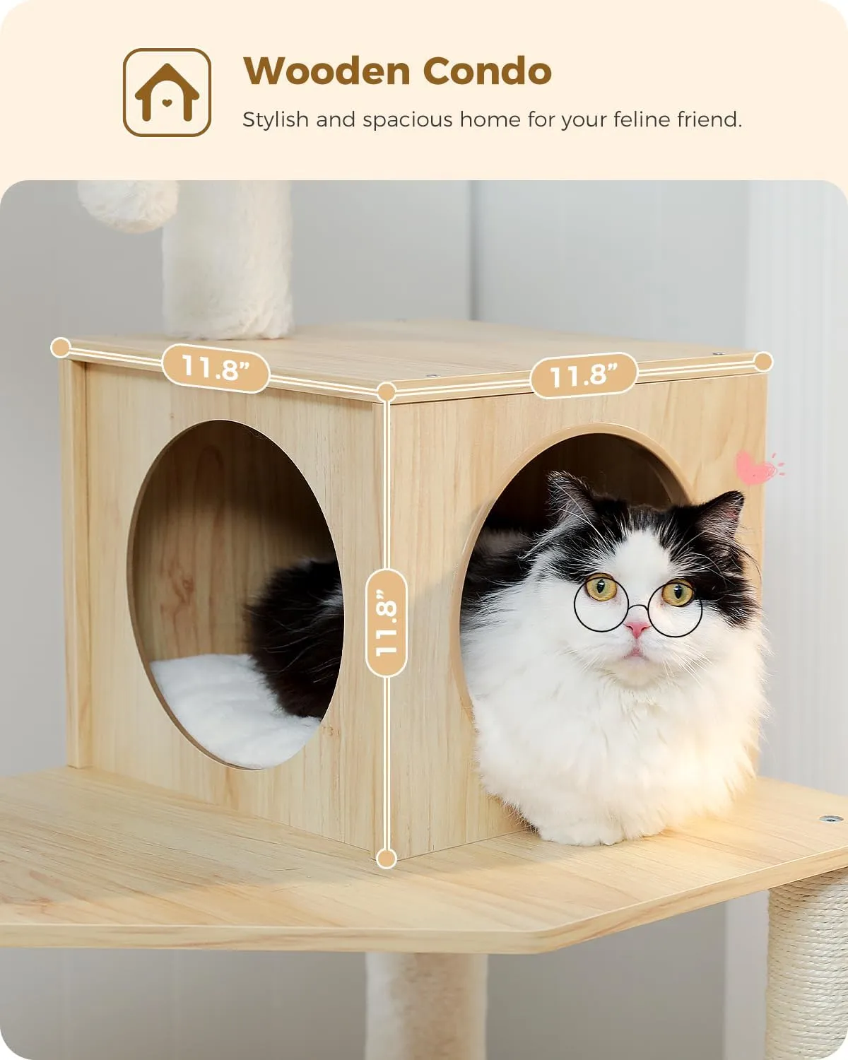 PETEPELA Wood Cat Tree for Indoor Cats Multi-Level Tower with Sisal Covered Scratching Posts, Cozy Condo, Super Large Hammock and Plush Perches Faux Rabbit Milk Fur Beige Rabbit Fur Wood Beige