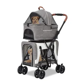 Portable Double Pet Stroller - Dogs Cats Strollers with 4 Wheels, 3 in 1 Travel Pets Strollers with 2 Detachable Carriers and Removable Cushions, Grey