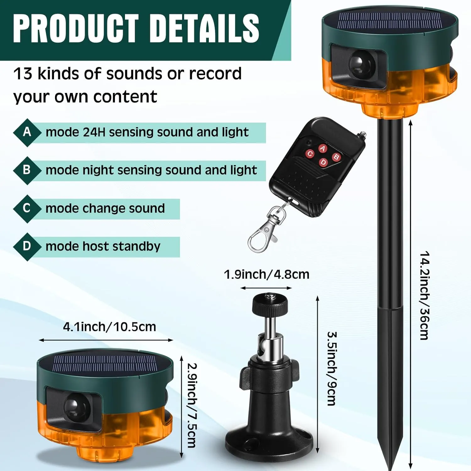 Qualirey 2 Pack Solar Outdoor Motion Sensor Alarm Motion Sensor Animal Deterrent Gunshot Sound Dog Barking Alarm for Home Security(Yellow,Alarm Sound)