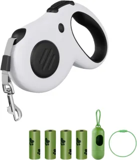 Retractable Dog Leash, 16 ft Dog Leash for Pets up to 44 lbs, Durable ABS and Aluminum Alloy Clip, Includes 4 Rolls of Poop Bags and Bag Holder, Black and White