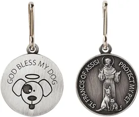 Silver Toned Saint Francis Protect My Pet Medal with God Bless My Dog Back, 1 Inch