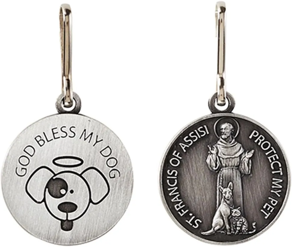 Silver Toned Saint Francis Protect My Pet Medal with God Bless My Dog Back, 1 Inch