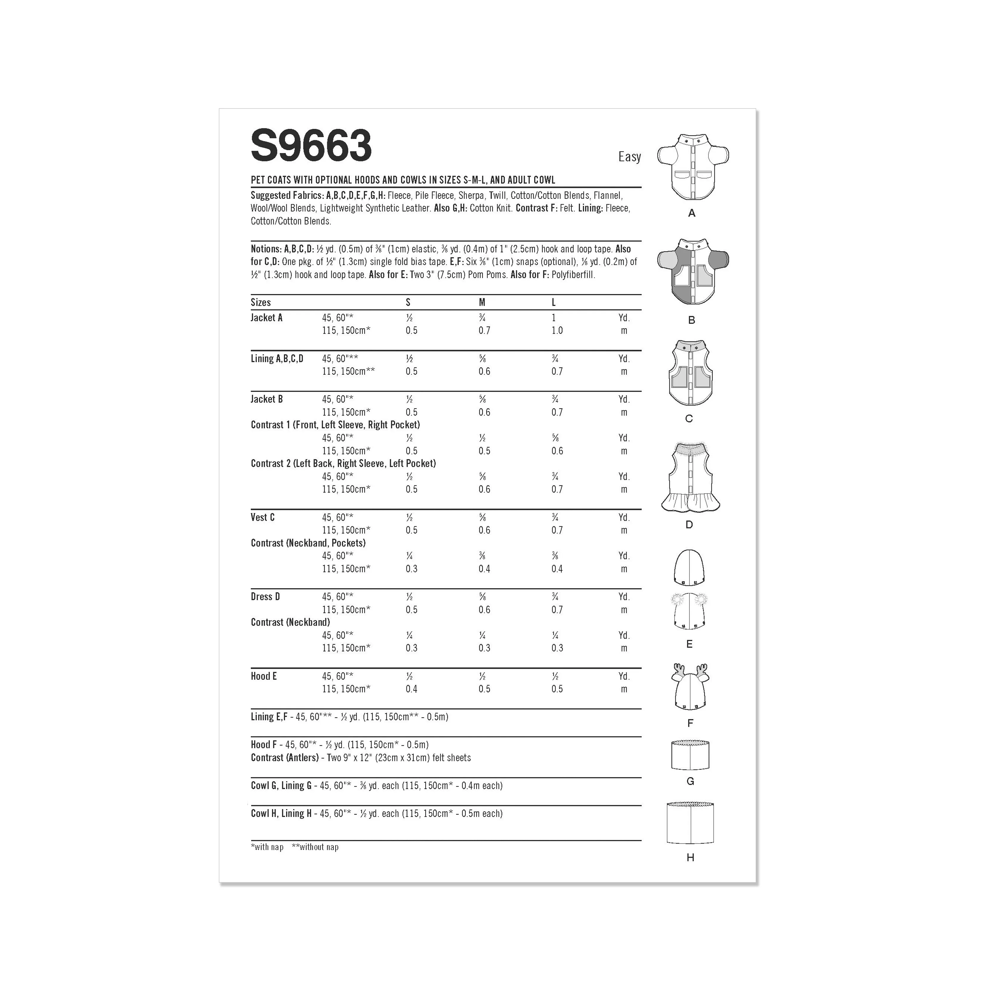 Simplicity Pattern 9663 Pet Coats with Optional Hoods and Cowls in Sizes S-M-L and Adult Cowl
