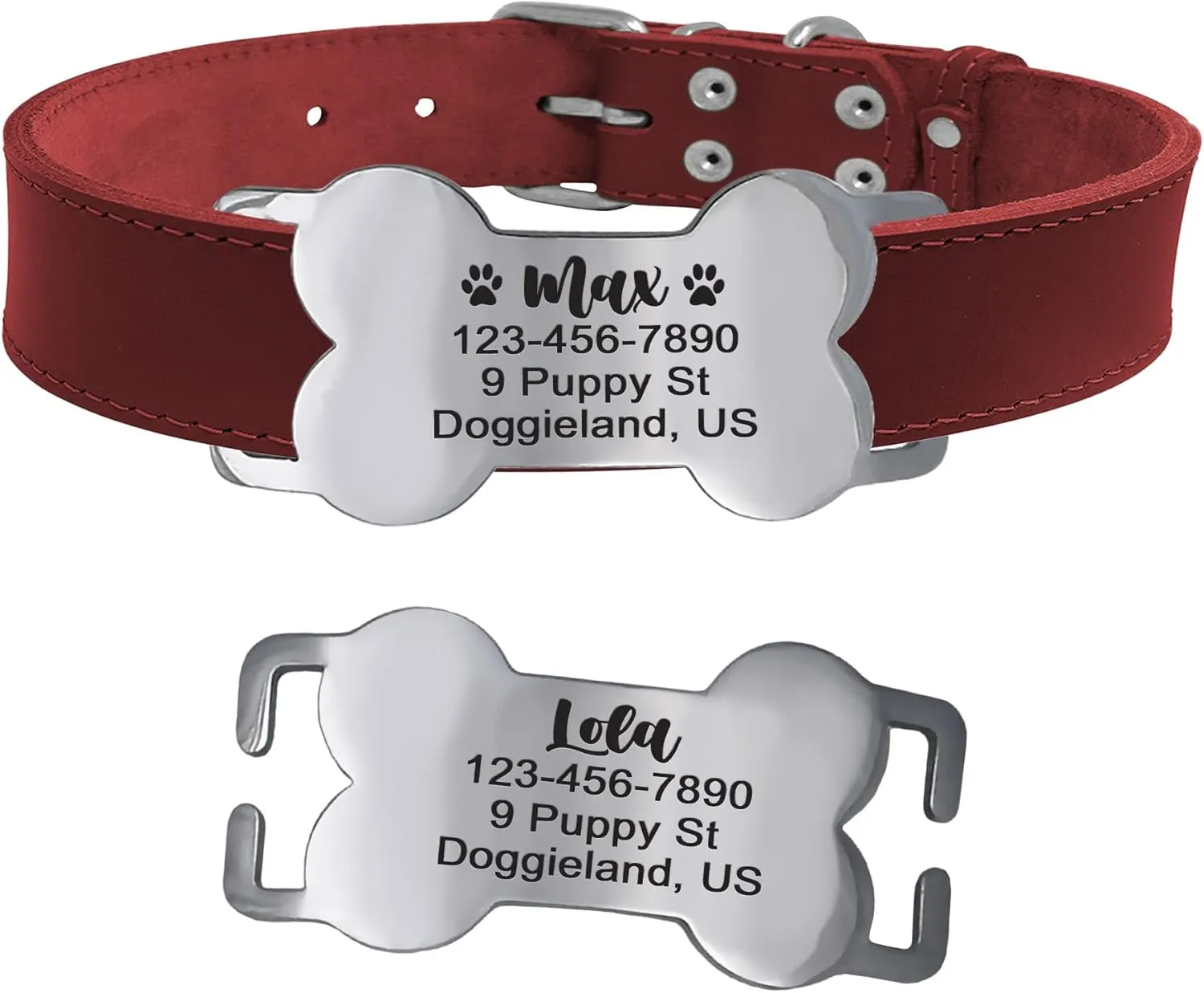 Slide-On Bone Pet ID  Silent Custom Engraved Name Plate for Dogs & Cats, Stainless Steel Tag for Martingale Collars