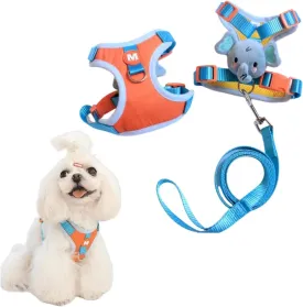 Small Dog Harness and Leash Set, Four-Point Adjustable Soft Mesh Dog Vest Harness and 1 Quickly Release Buckle, 5Ft Nylon Dog Leash with 360 Degrees Swivel Clip(Elephant L)