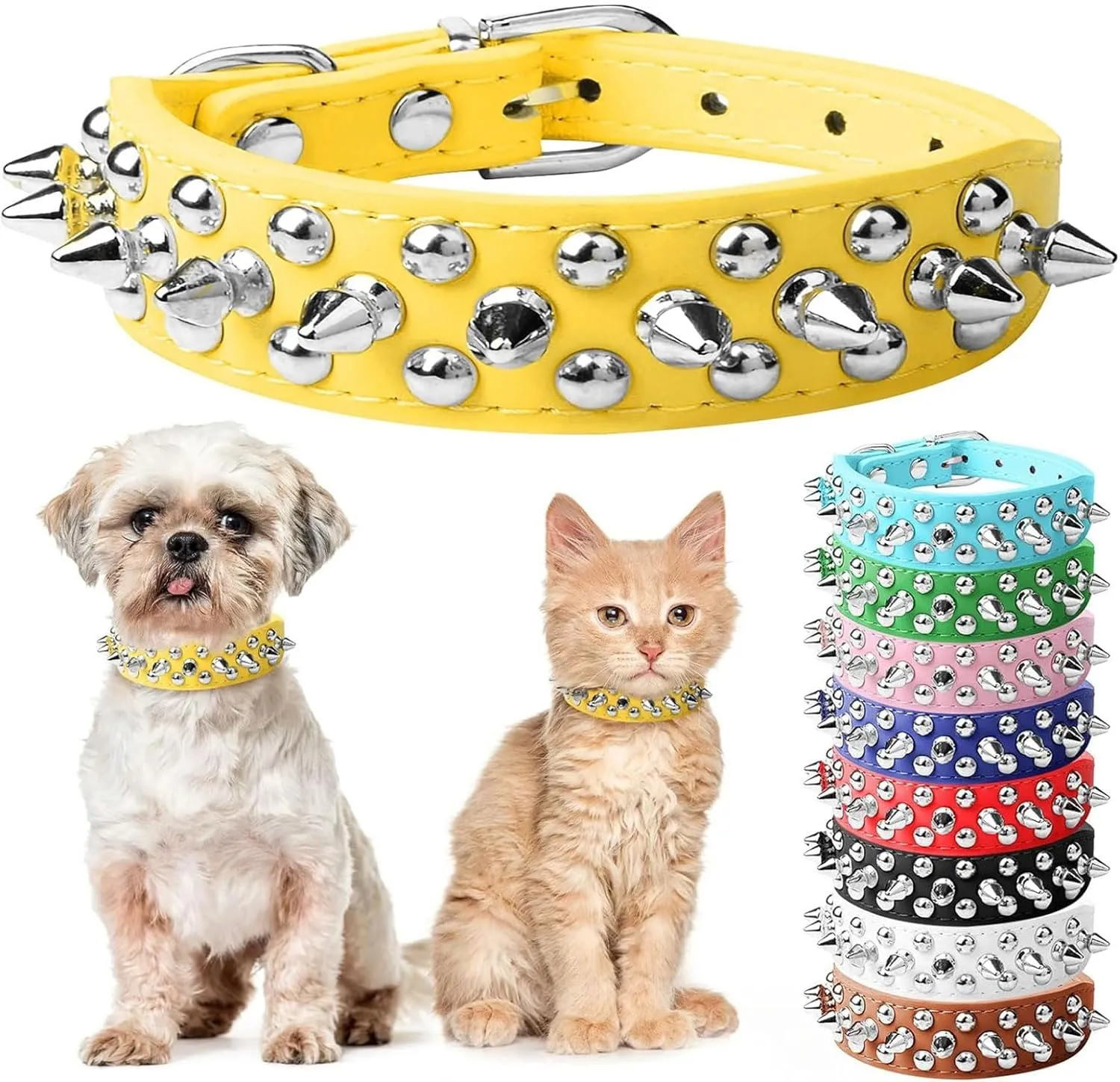Small Spiked Dog Cat Collar for Small Medium Dogs Boy Male - Adjustable Studded Puppy Collars - Soft Padded Punk Leather Dog Collar for Chihuahua Yorkie French Bulldog Pug (Yellow,XXS)