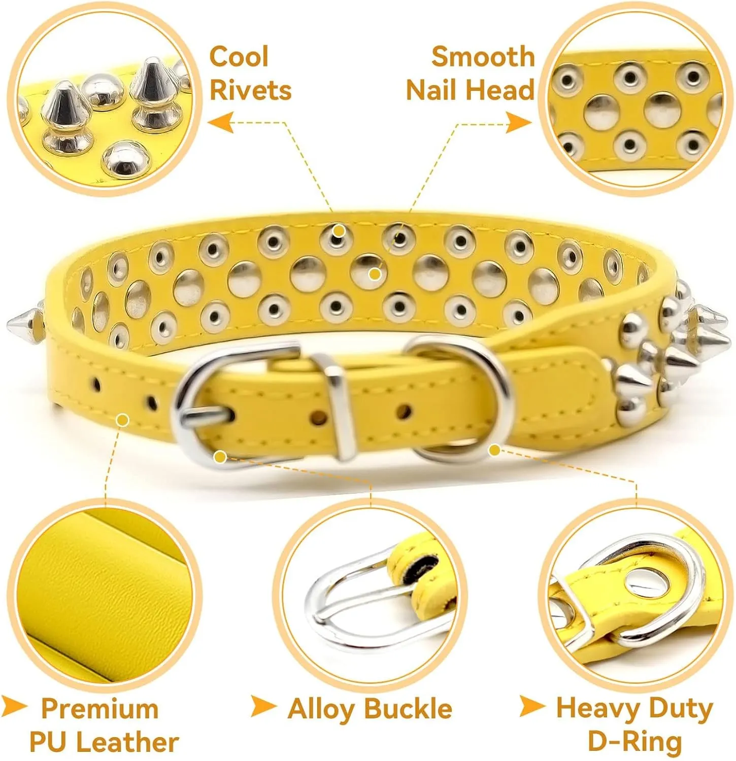 Small Spiked Dog Cat Collar for Small Medium Dogs Boy Male - Adjustable Studded Puppy Collars - Soft Padded Punk Leather Dog Collar for Chihuahua Yorkie French Bulldog Pug (Yellow,XXS)