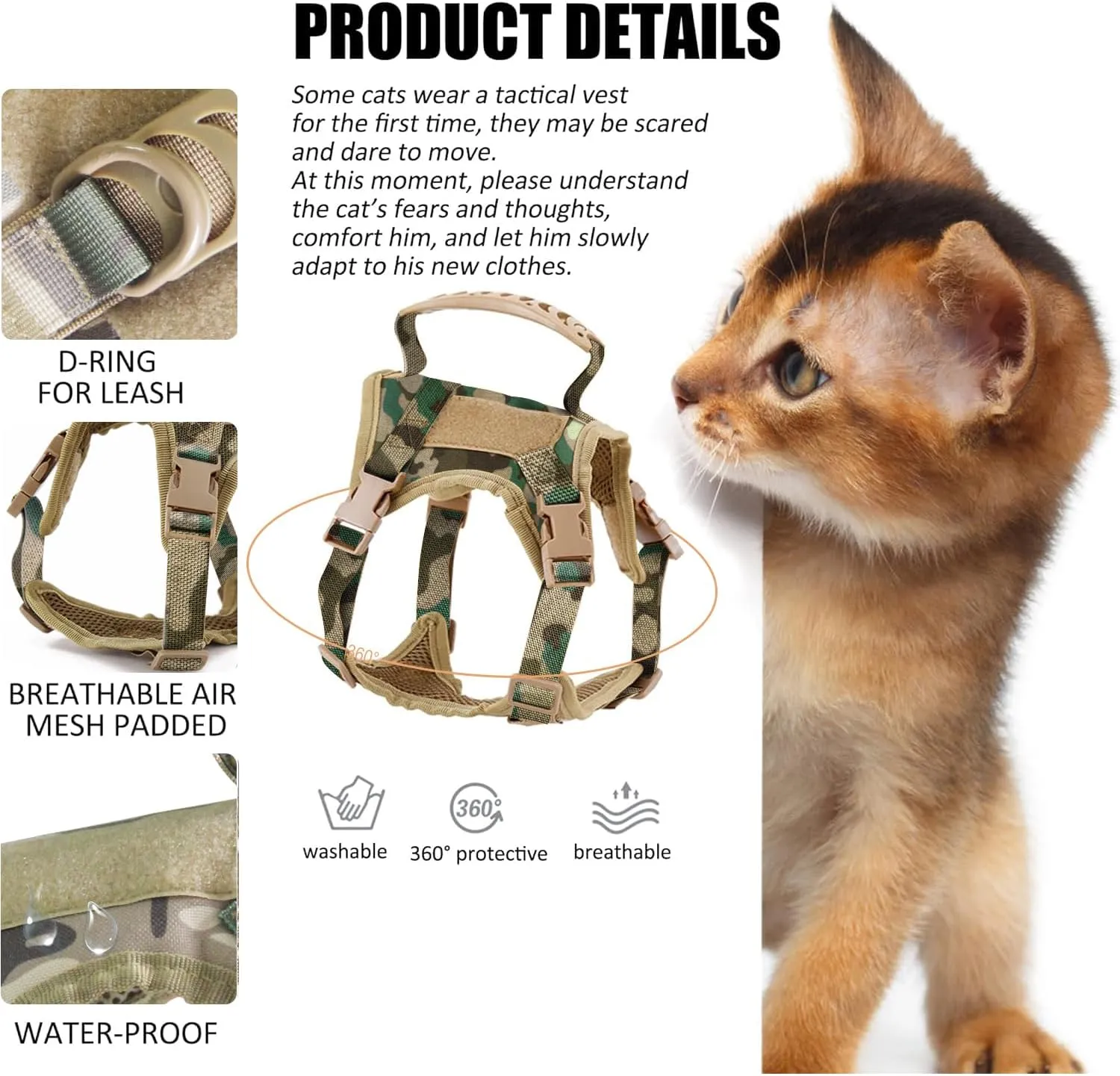 Tactical Cat Harness for Walking Escape Proof, Adjustable Pet Vest Harness, Soft Mesh with Control Handle for Large Cat Small Dog, Gift with Patch (Camouflage, cat Harness and Leash Set)