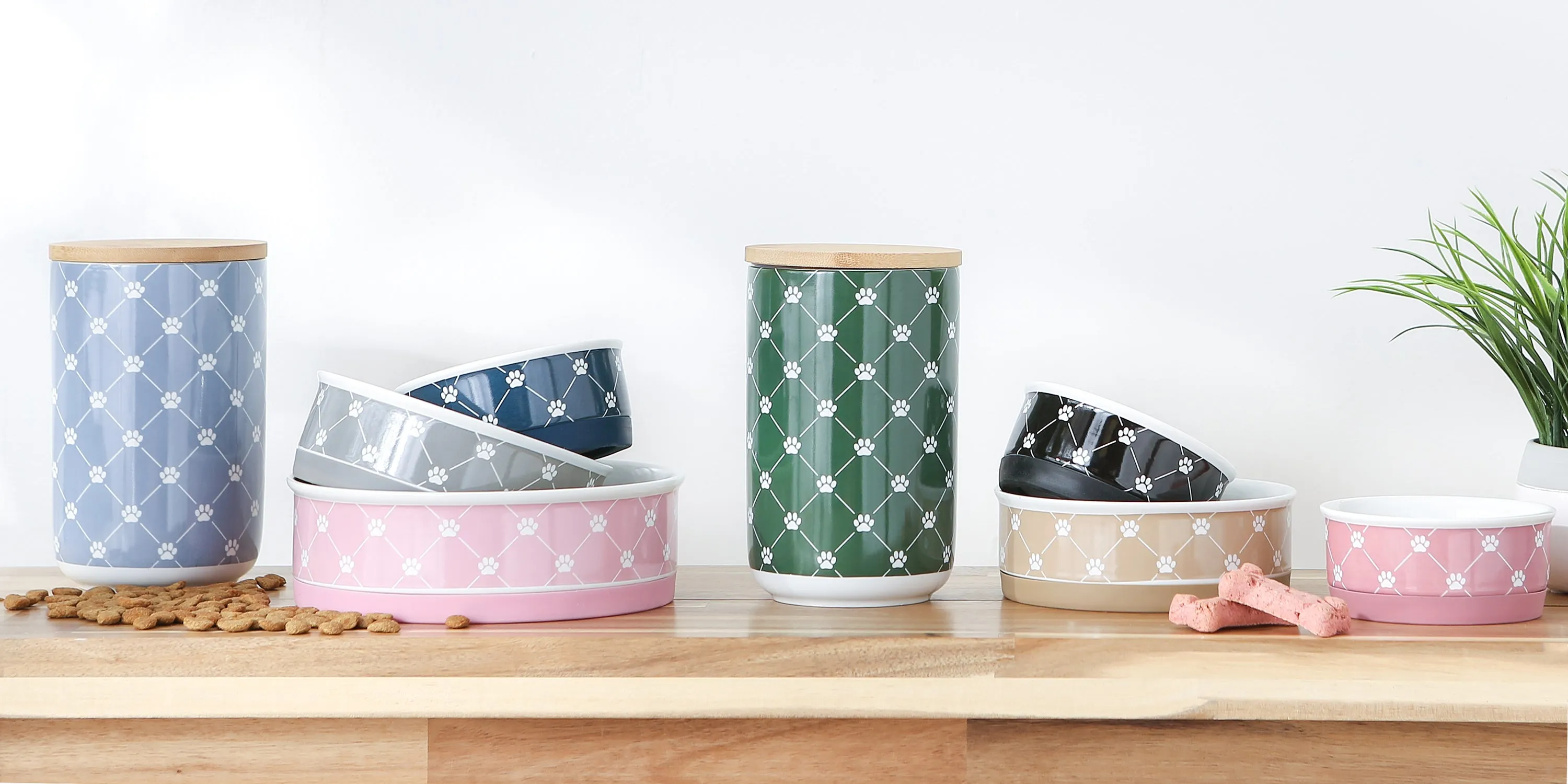 Taupe Trellis Paw Print Pet Bowl Set/2, Small - 3/4 C Capacity