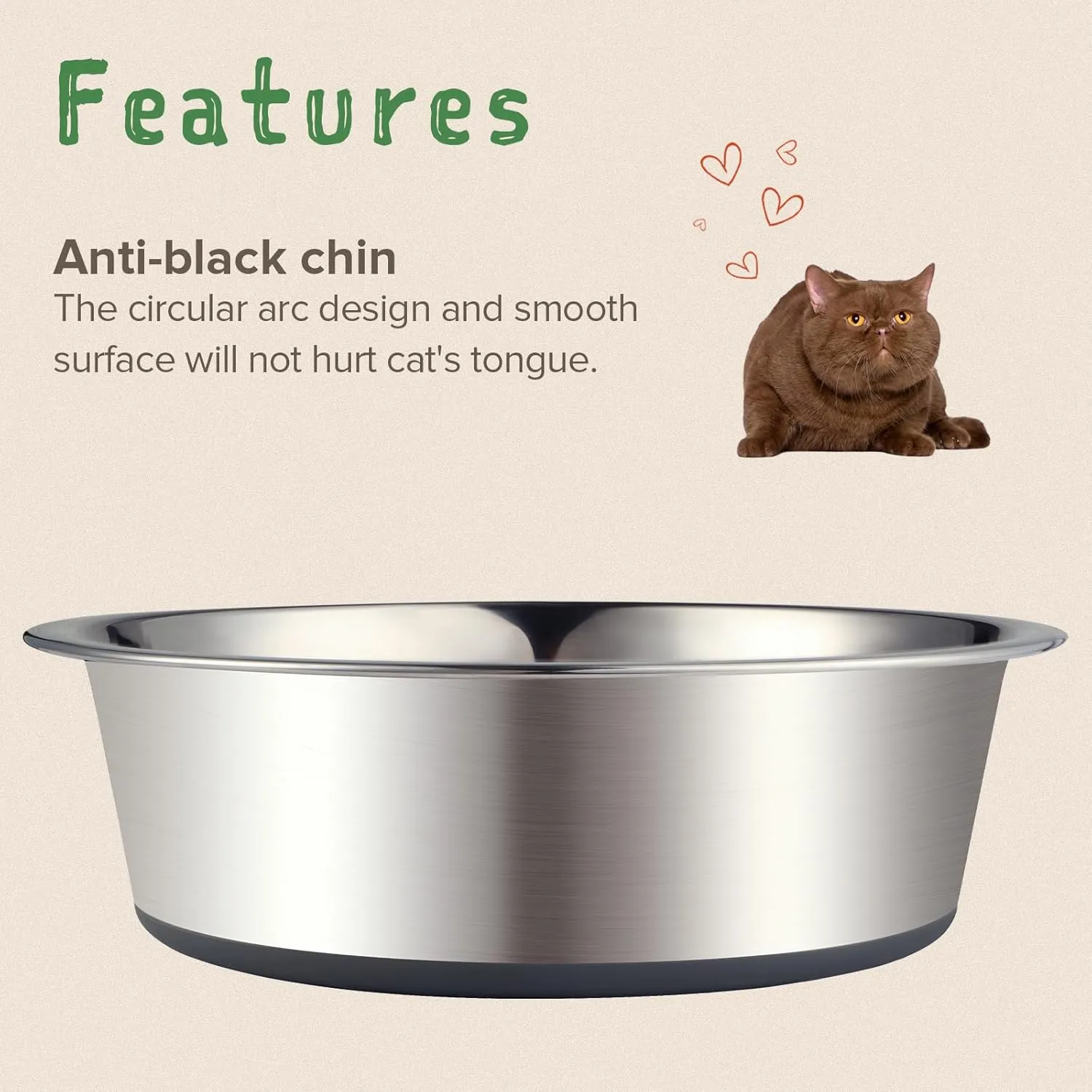 URBUDDIES 2 Pack Stainless Steel Cat Bowls, Premium Metal Cat Bowls with Non Slip Rubber Bottom, Dishwasher Safe, Easy to Clean, 2 Cup, Gray Bottom