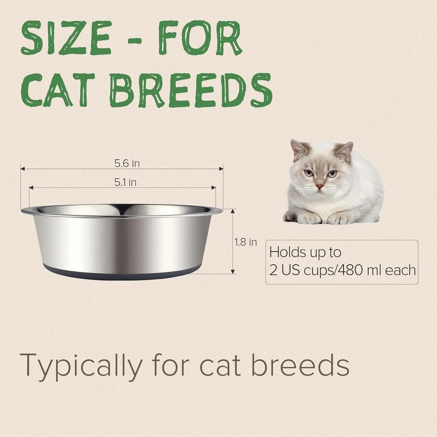 URBUDDIES 2 Pack Stainless Steel Cat Bowls, Premium Metal Cat Bowls with Non Slip Rubber Bottom, Dishwasher Safe, Easy to Clean, 2 Cup, Gray Bottom