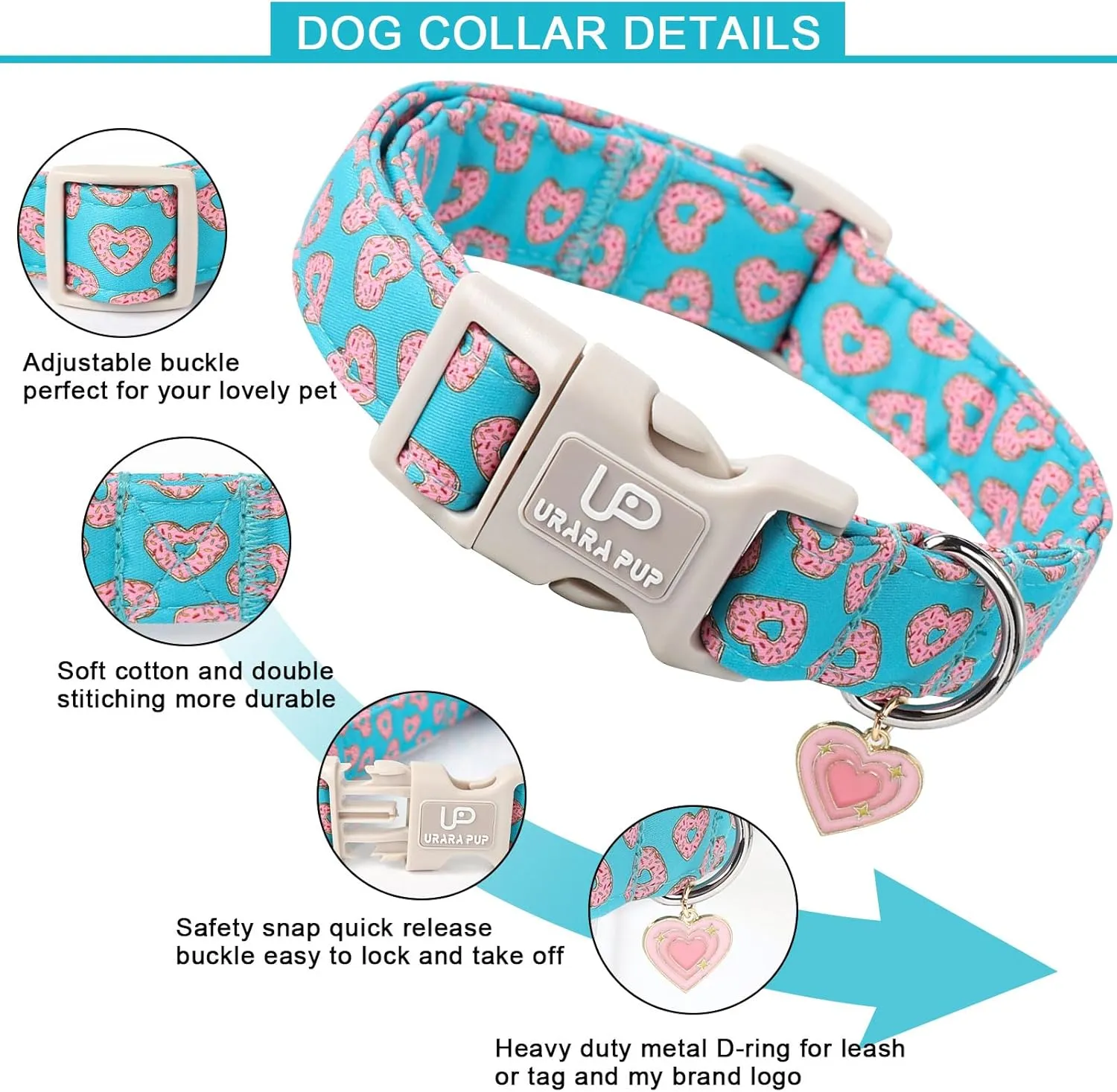 Valentines Dog Collar, Pink Heart Dog Collar with Quick Release, Valentines Gift Pet Girl Boy Dog Collar for Puppy Small Medium Dogs